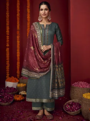 Unstitched Embroidered Cotton Satin Grey Salwar Suit Material