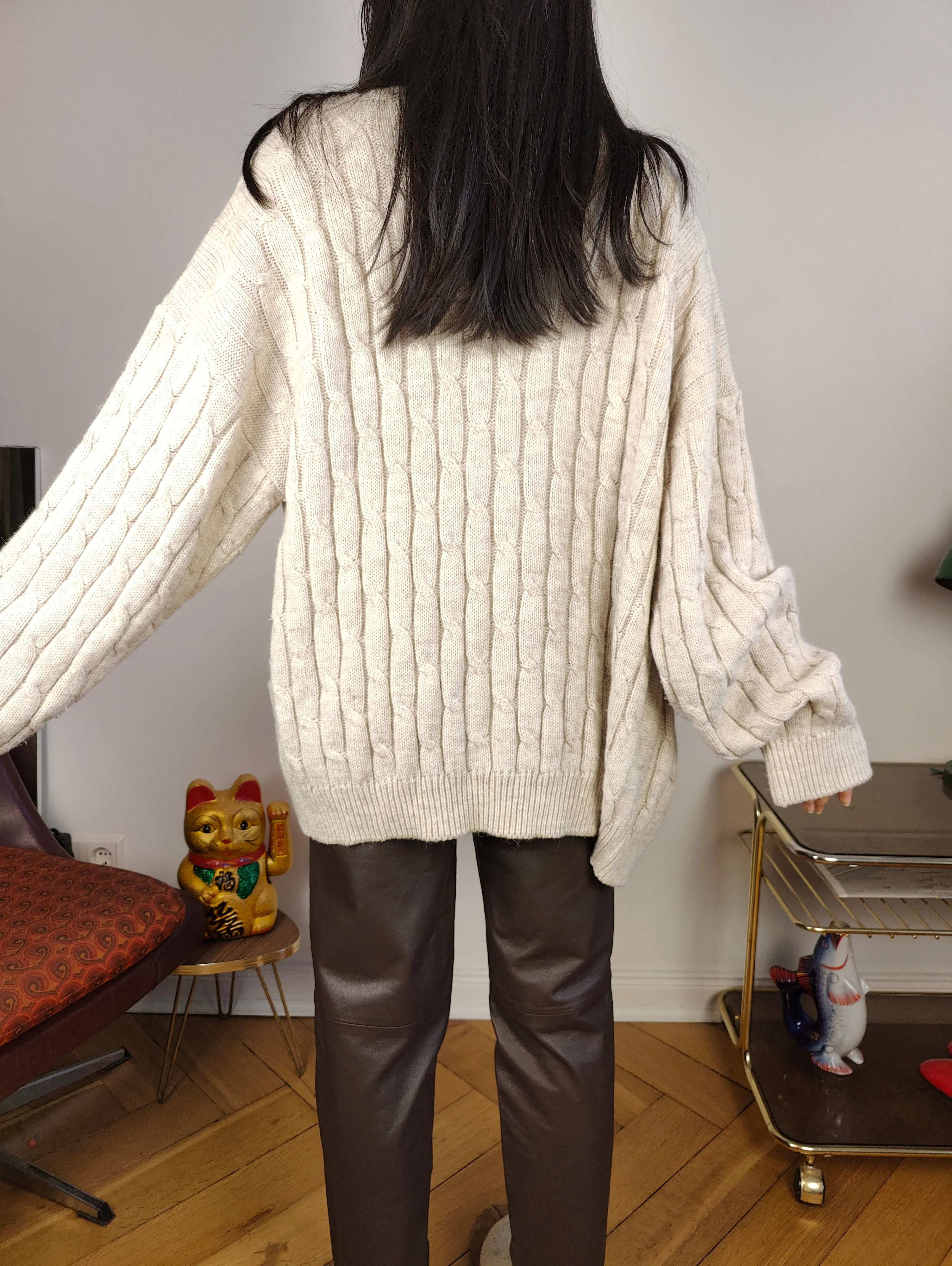 Vintage alpaca wool cardigan L XL | beige off white cable knit knitted sweater jacket women