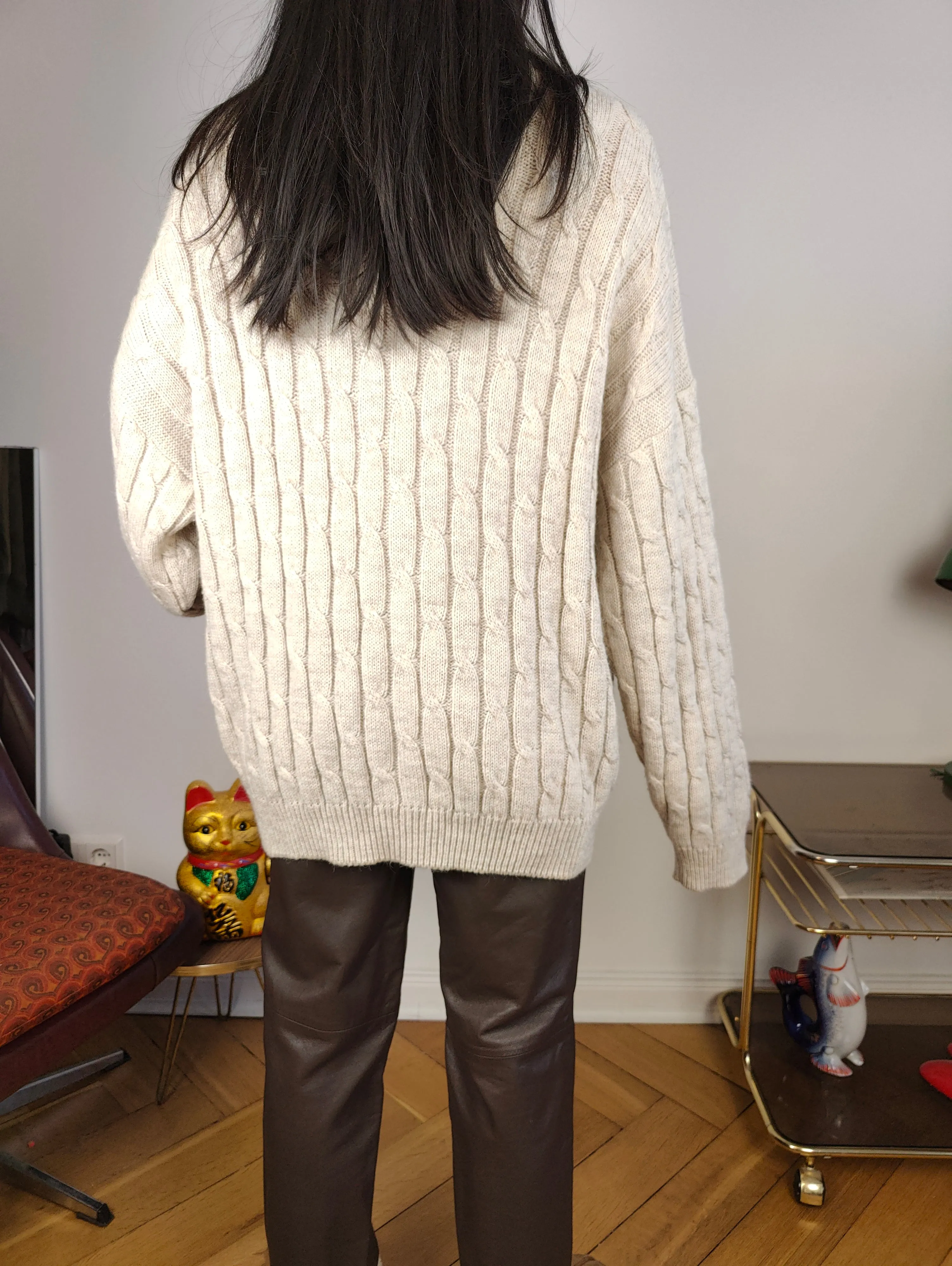 Vintage alpaca wool cardigan L XL | beige off white cable knit knitted sweater jacket women