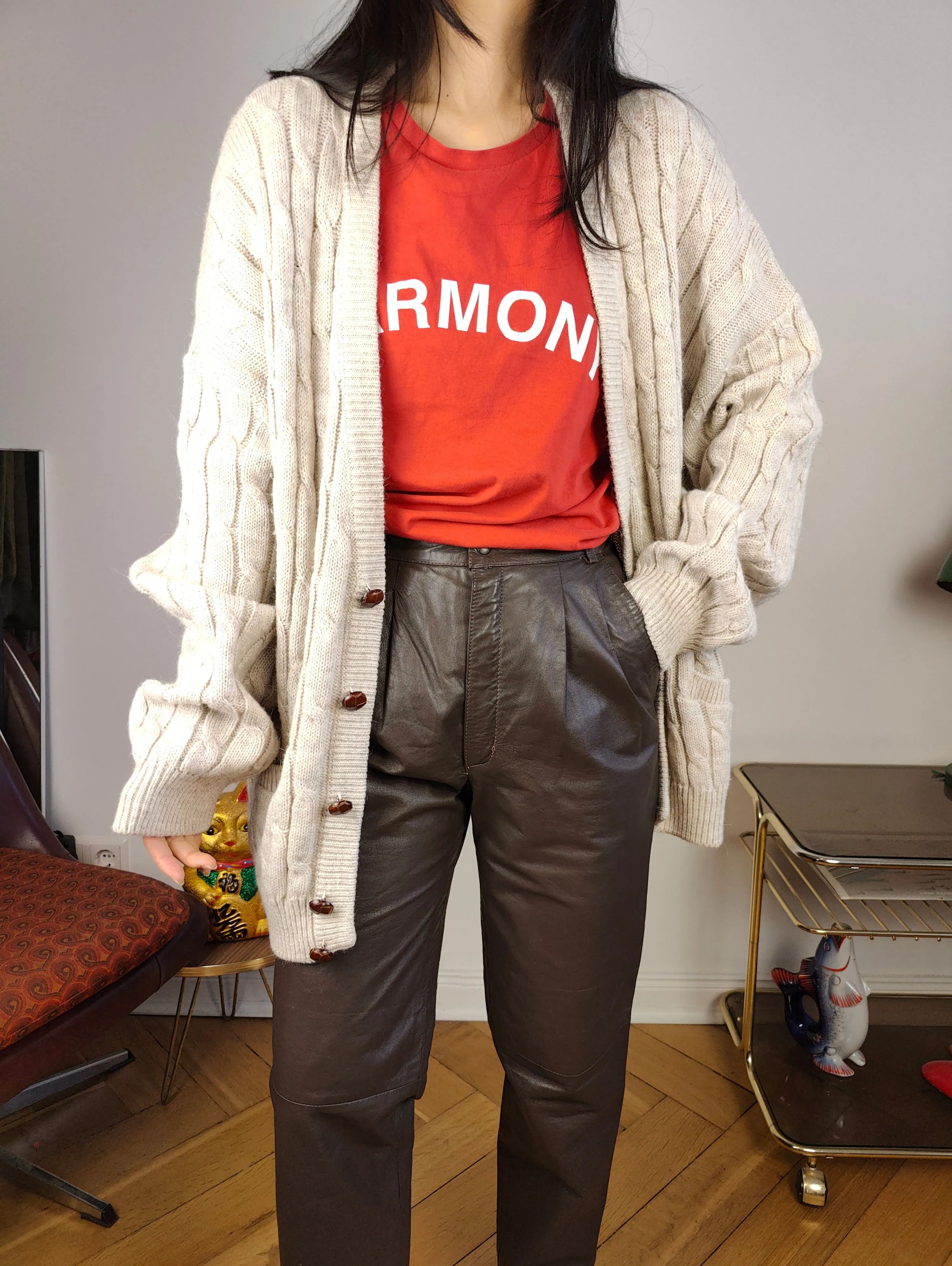 Vintage alpaca wool cardigan L XL | beige off white cable knit knitted sweater jacket women
