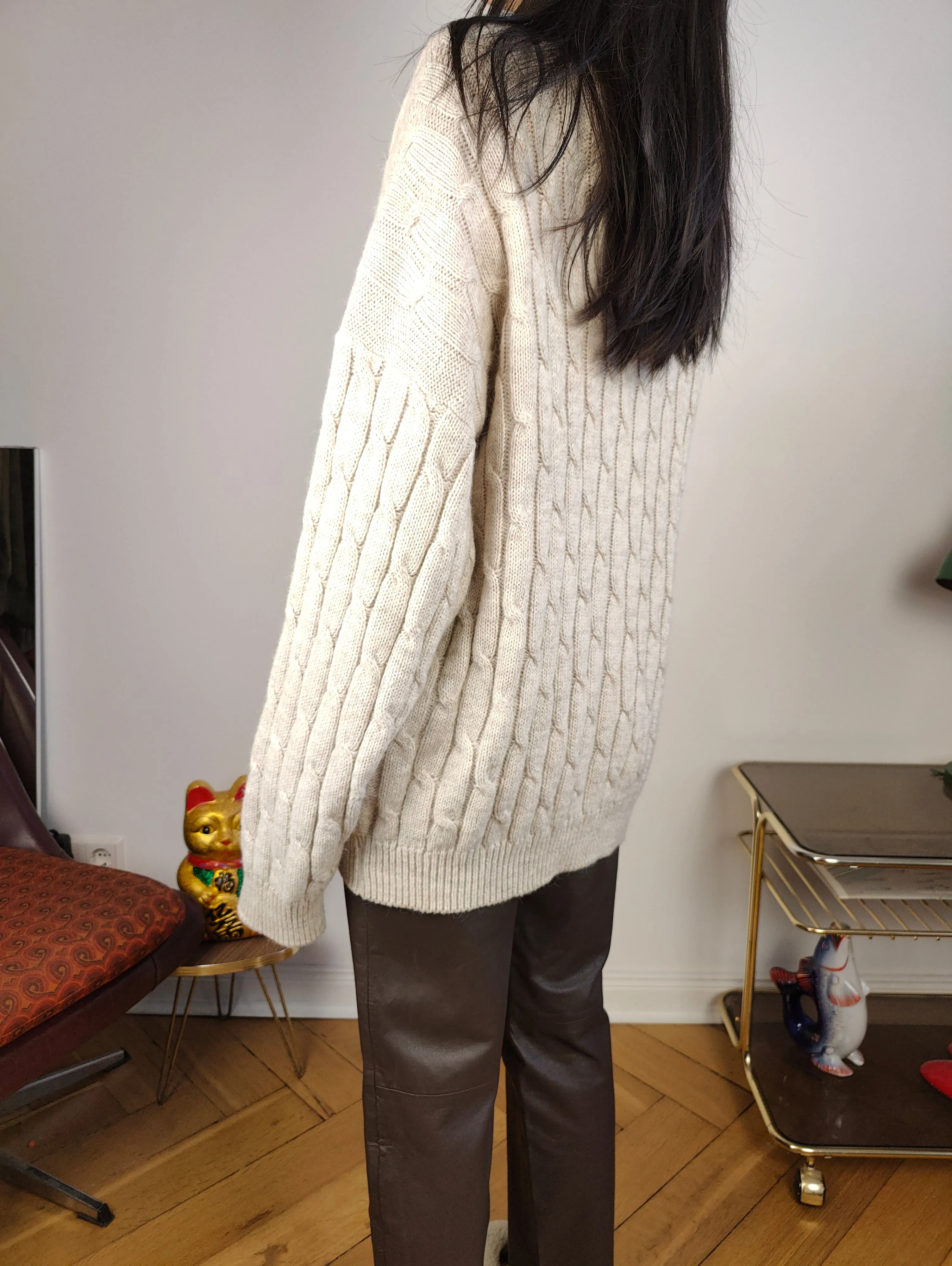 Vintage alpaca wool cardigan L XL | beige off white cable knit knitted sweater jacket women