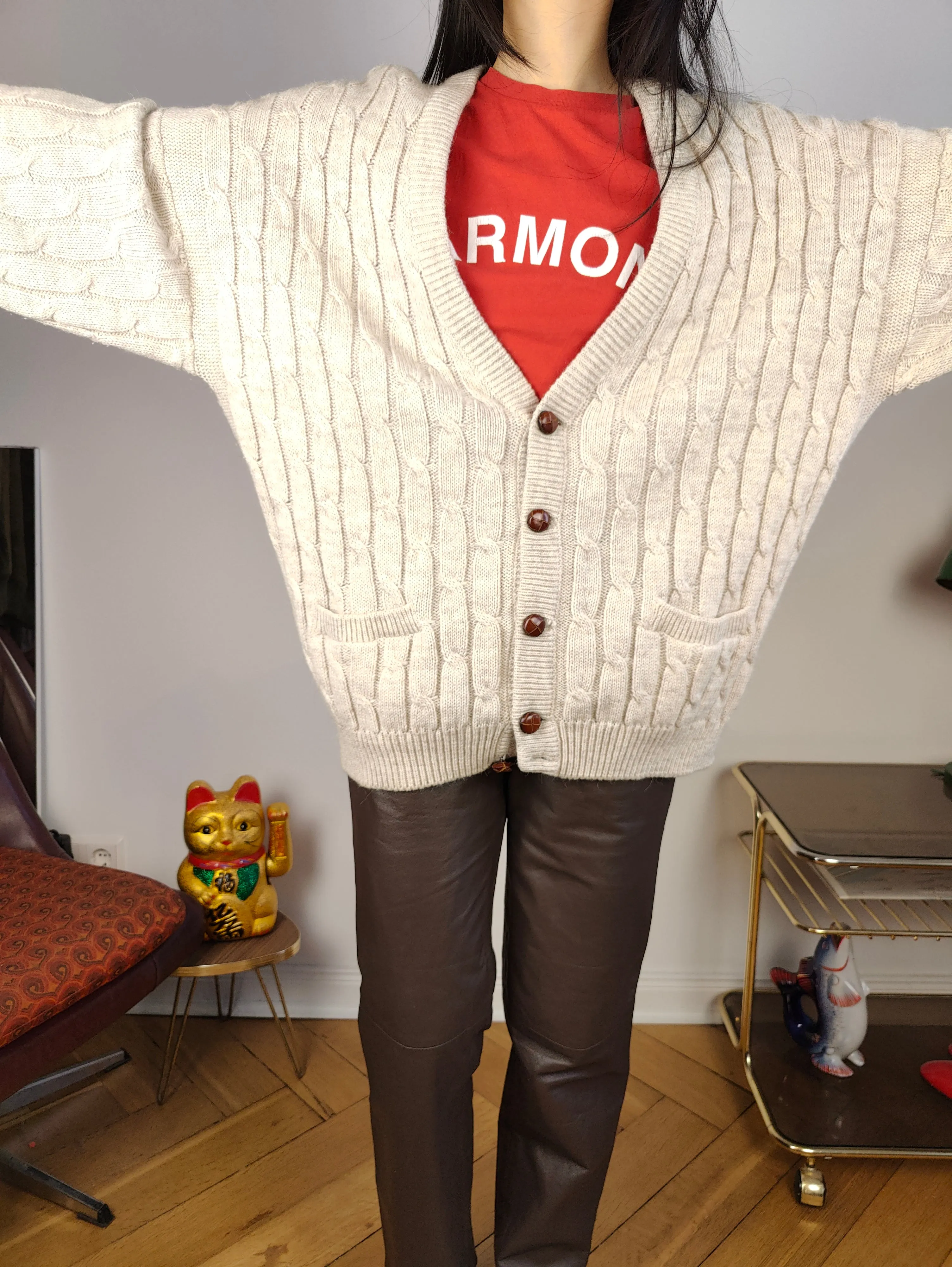 Vintage alpaca wool cardigan L XL | beige off white cable knit knitted sweater jacket women