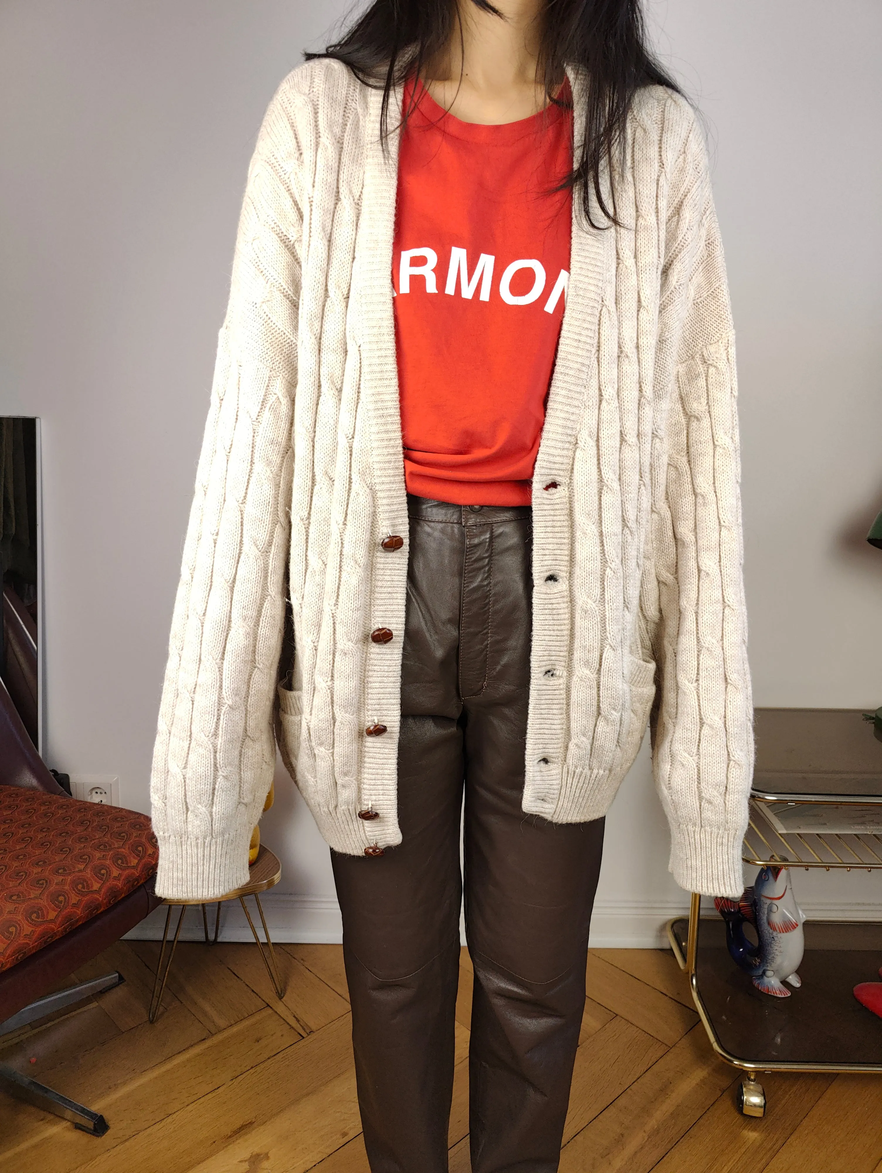Vintage alpaca wool cardigan L XL | beige off white cable knit knitted sweater jacket women