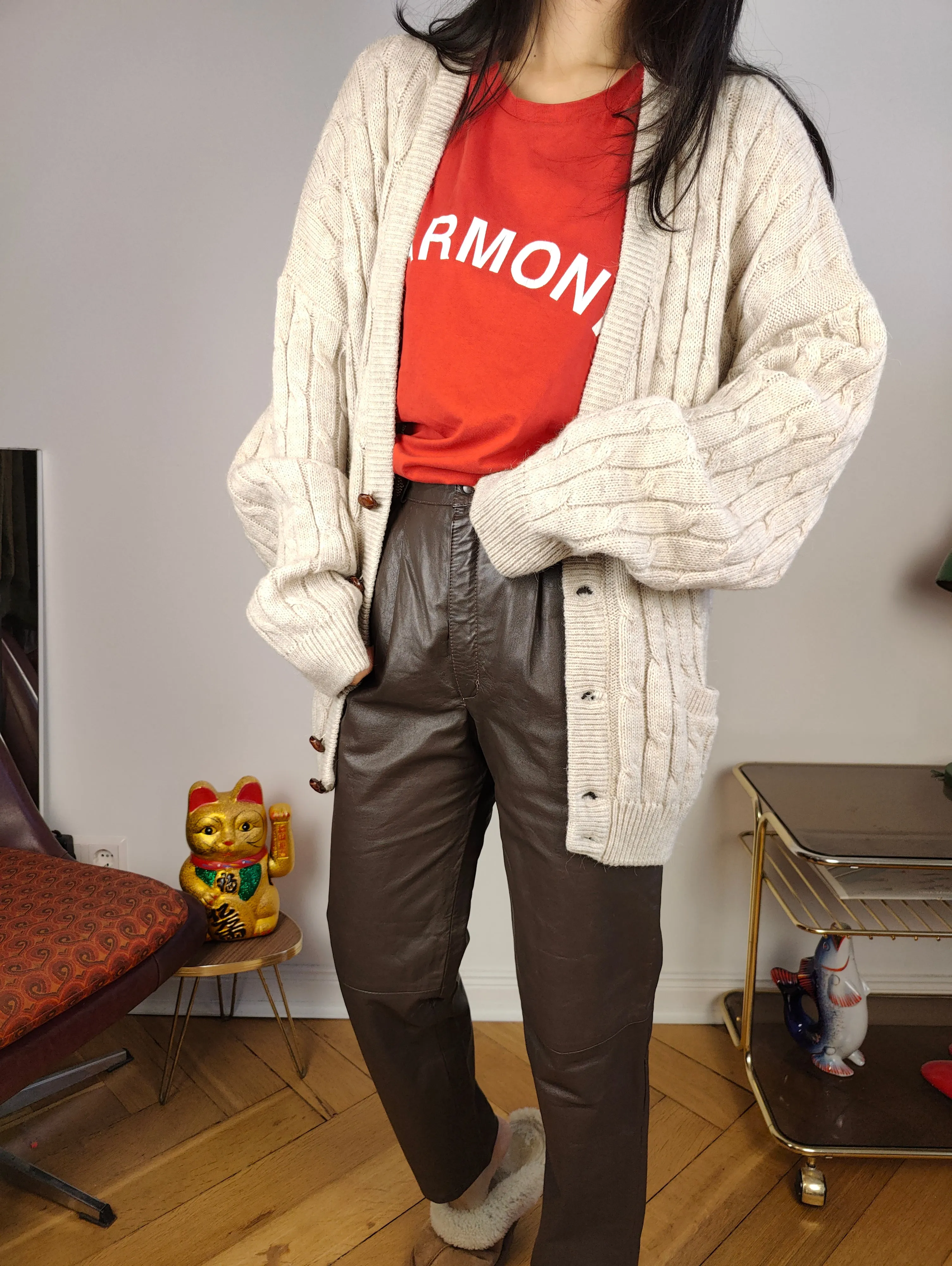 Vintage alpaca wool cardigan L XL | beige off white cable knit knitted sweater jacket women