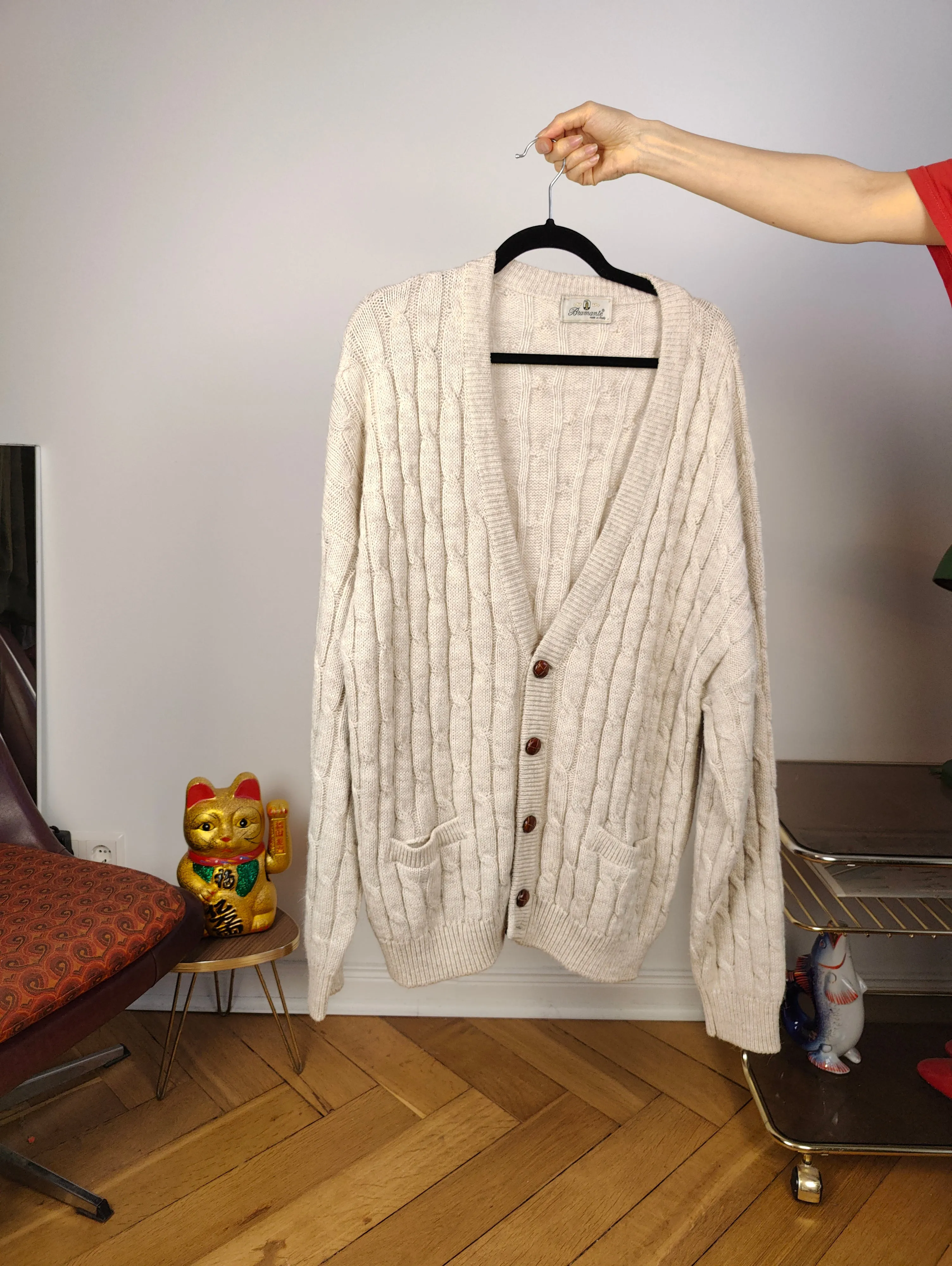 Vintage alpaca wool cardigan L XL | beige off white cable knit knitted sweater jacket women