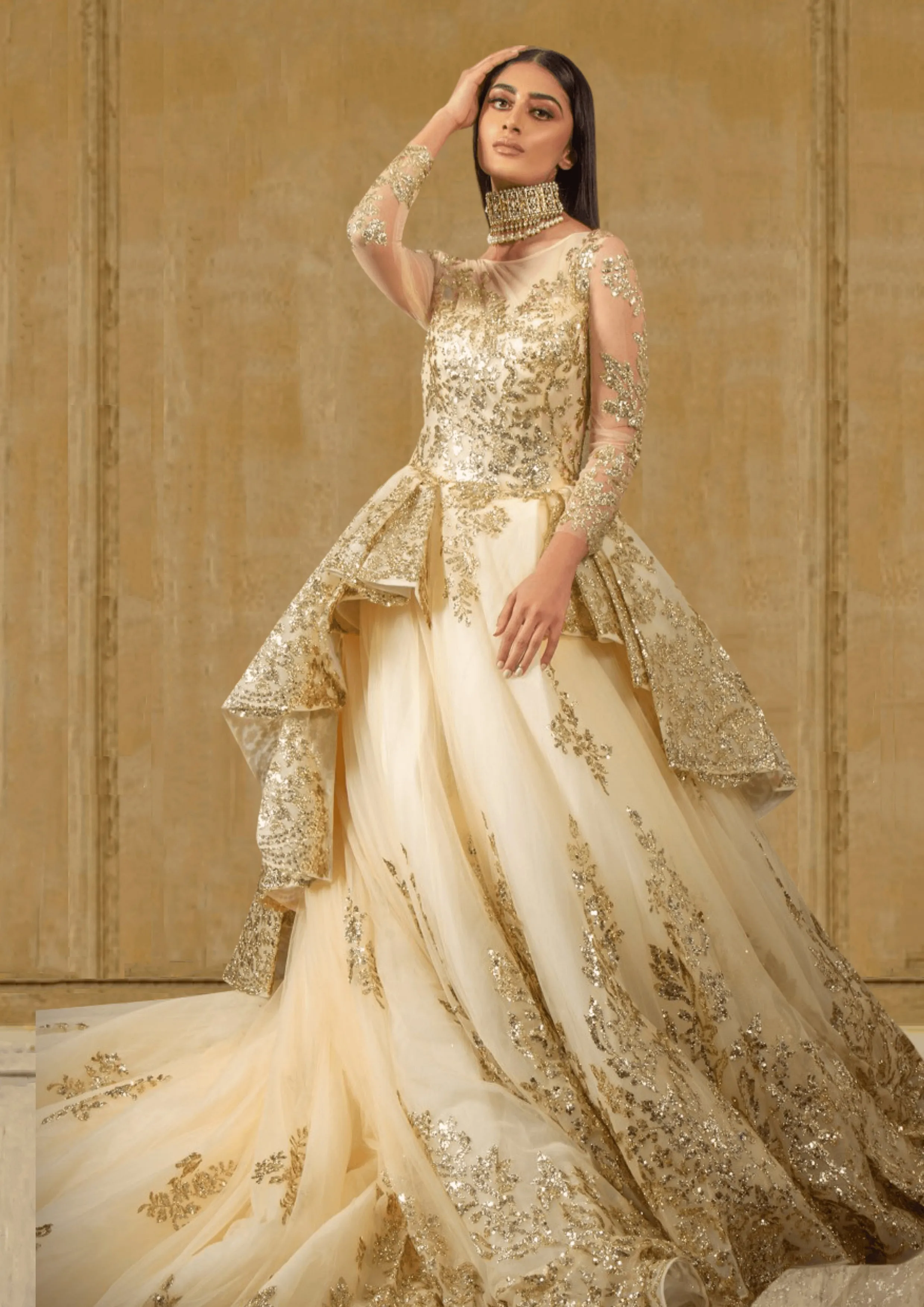 White and Gold Net-Based Designer Show-stopper Gown with Layered Trail