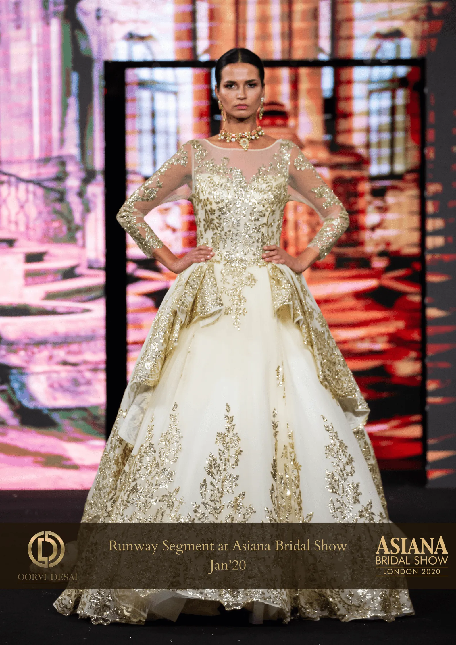 White and Gold Net-Based Designer Show-stopper Gown with Layered Trail