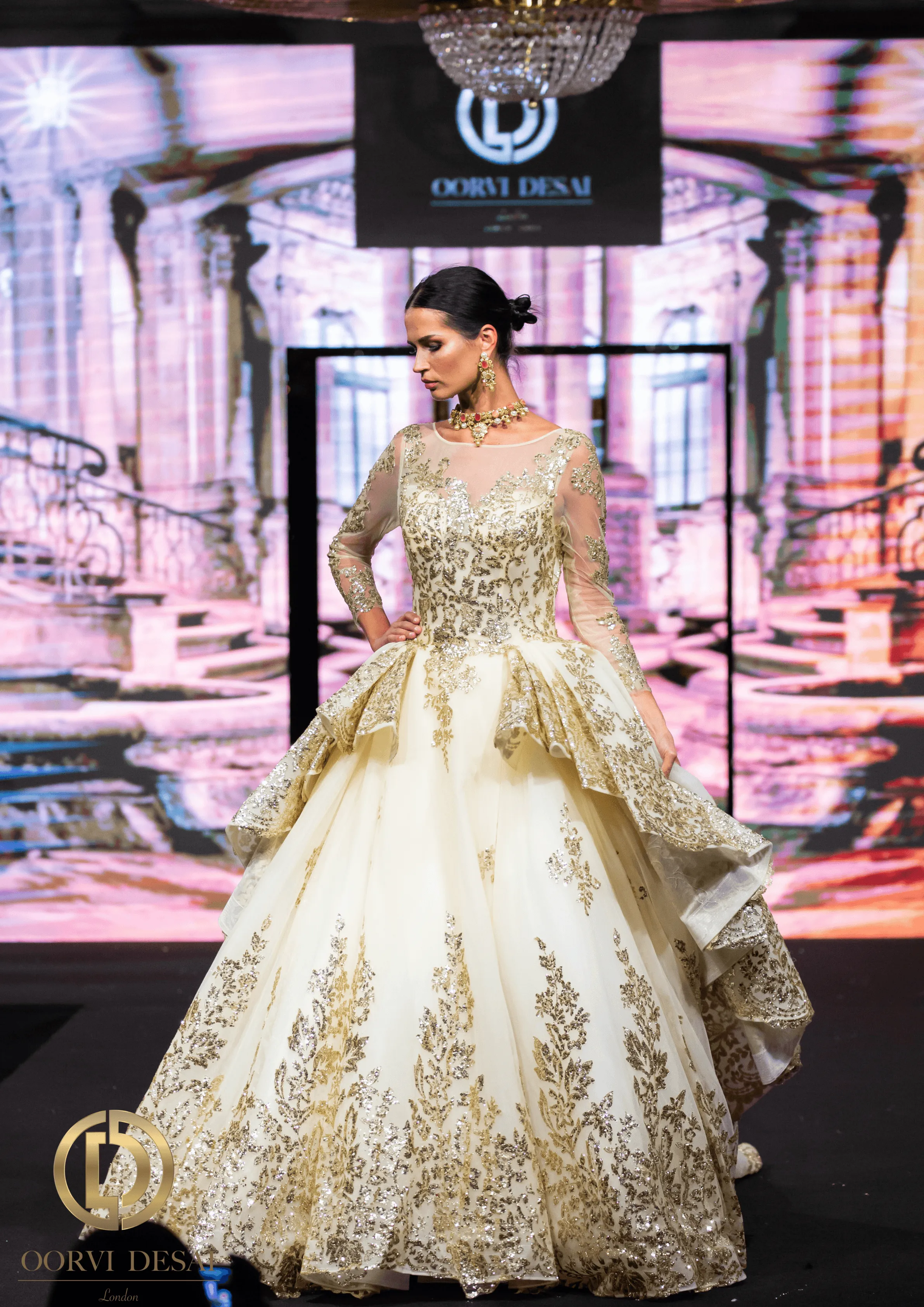 White and Gold Net-Based Designer Show-stopper Gown with Layered Trail