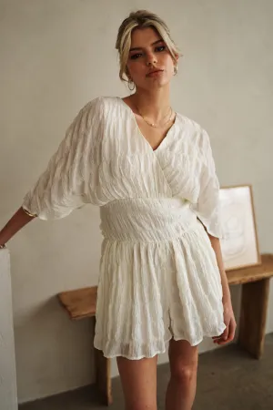 White V Neck Romper with Batwing Sleeves and Belted