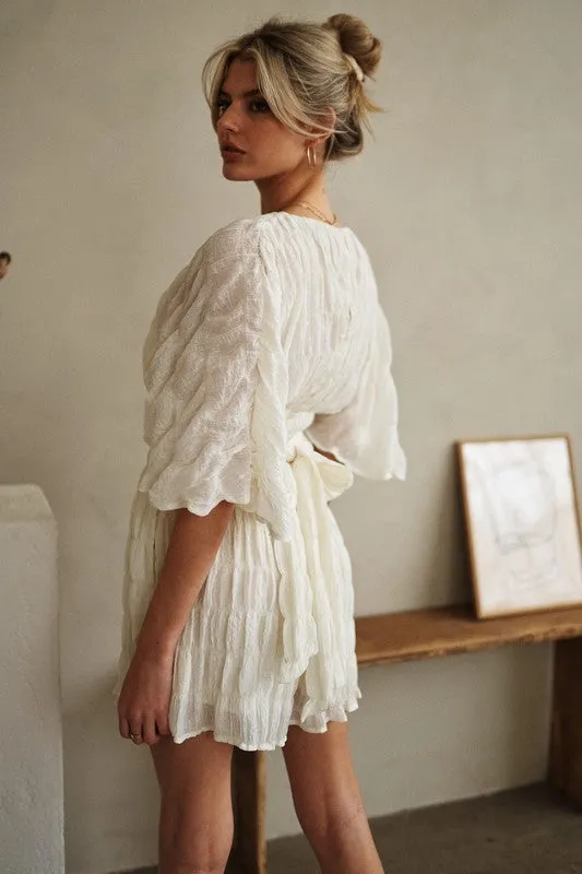 White V Neck Romper with Batwing Sleeves and Belted