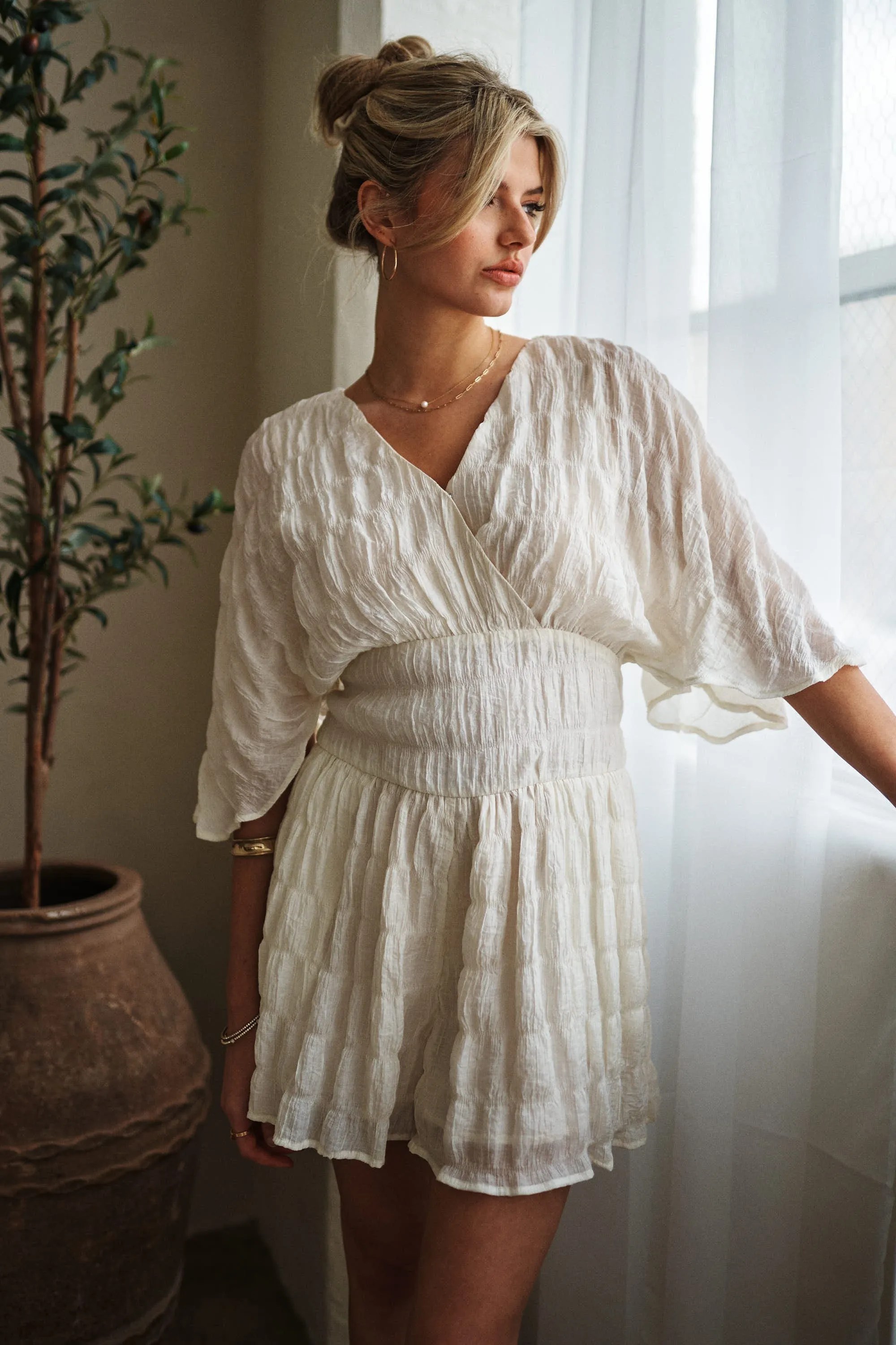 White V Neck Romper with Batwing Sleeves and Belted