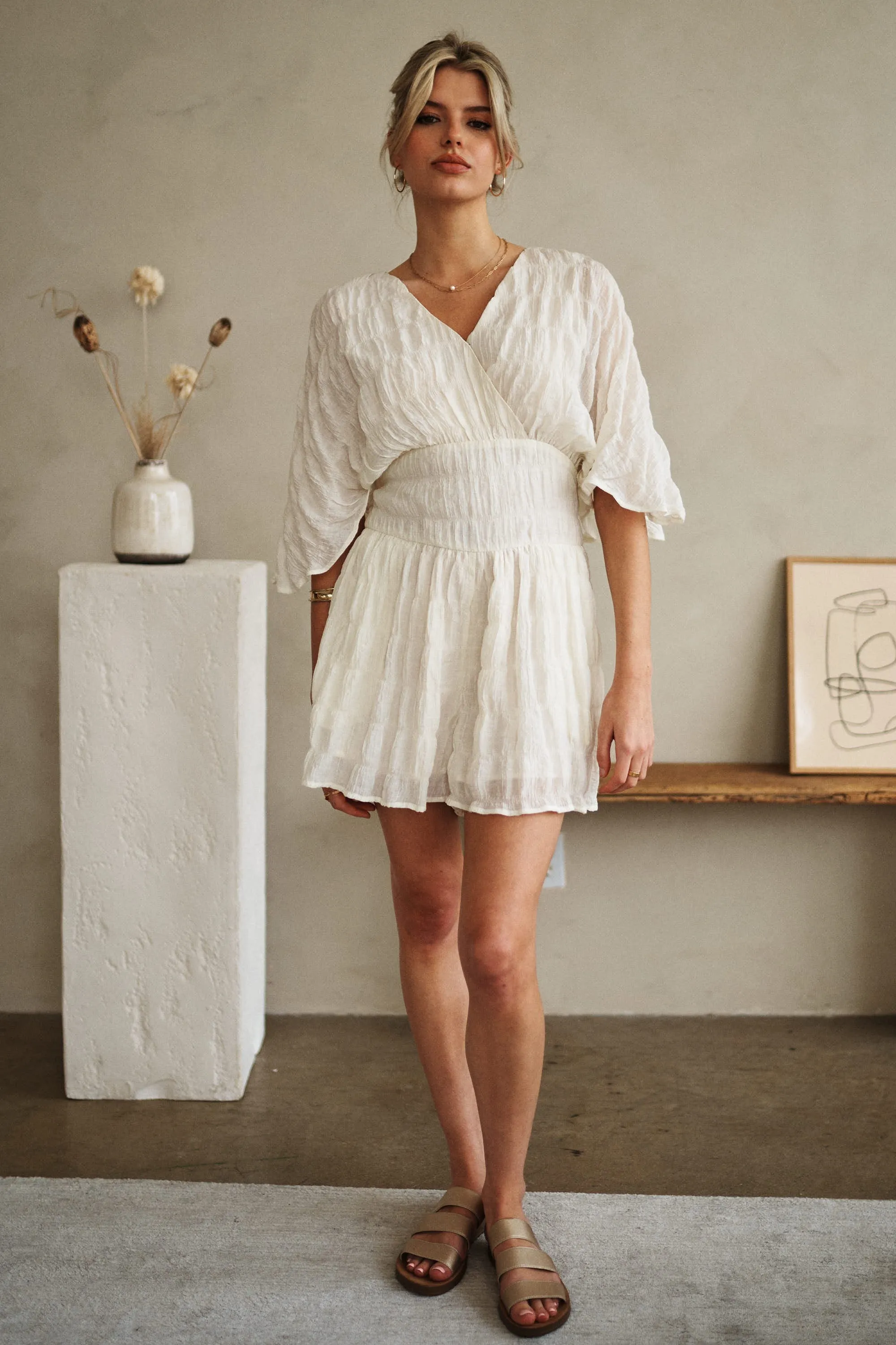 White V Neck Romper with Batwing Sleeves and Belted