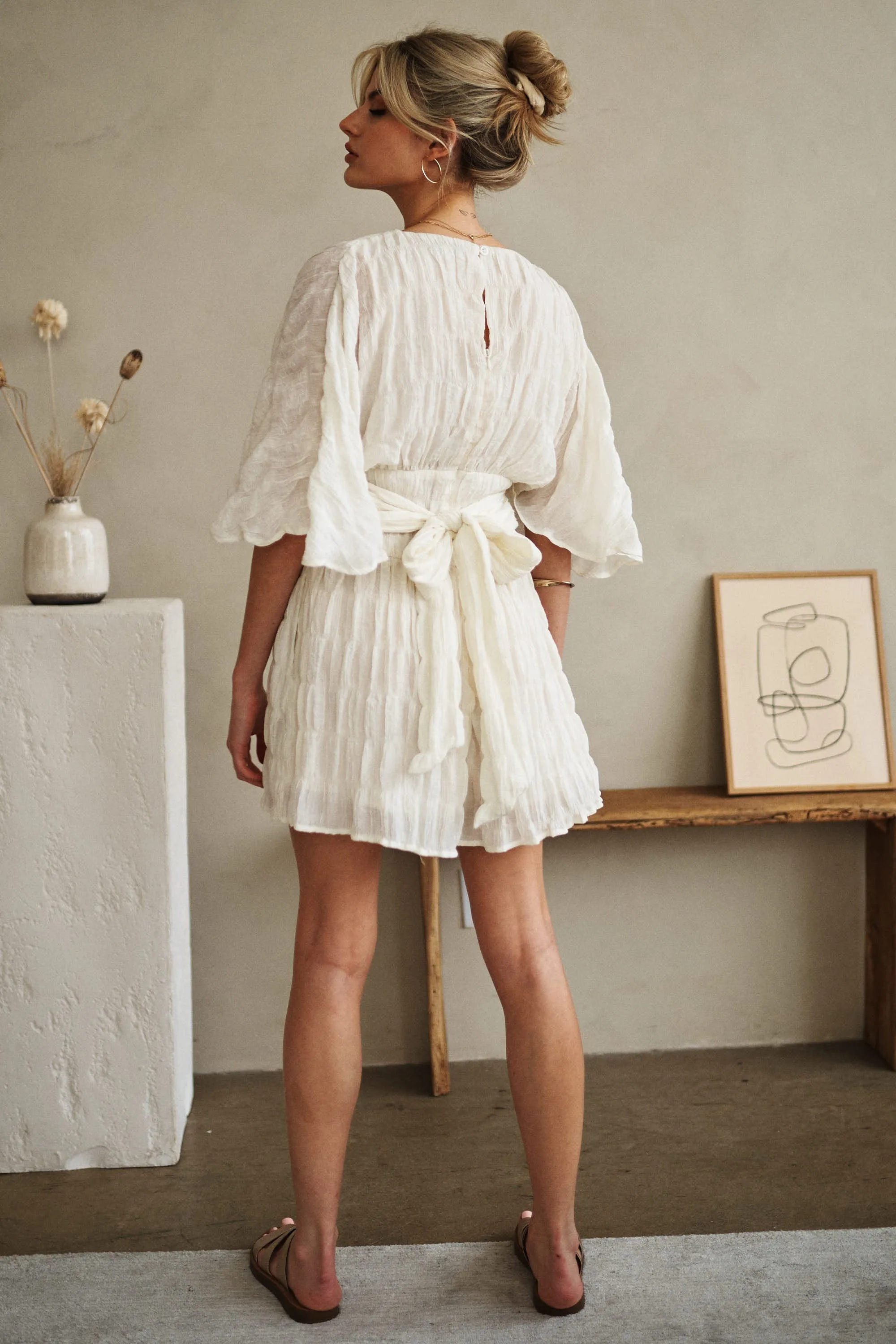White V Neck Romper with Batwing Sleeves and Belted