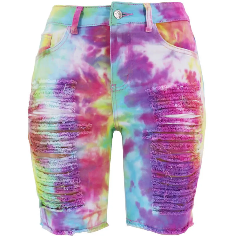 Women's Ripped High Waist Tie-dye Printed Denim Bermuda Shorts