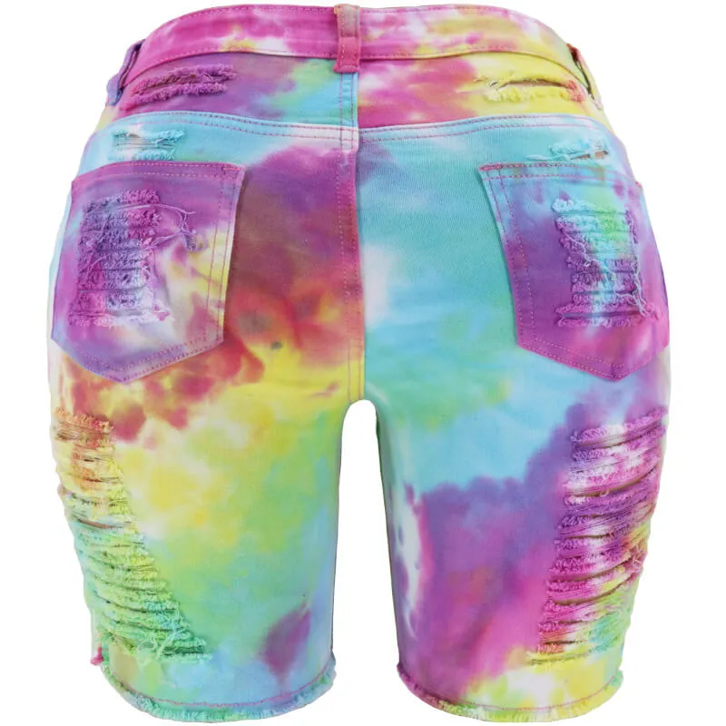 Women's Ripped High Waist Tie-dye Printed Denim Bermuda Shorts