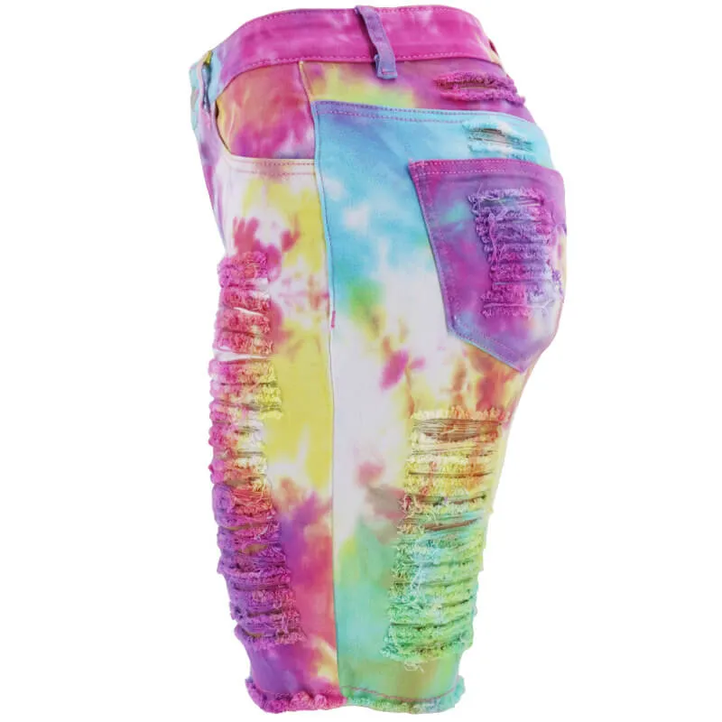 Women's Ripped High Waist Tie-dye Printed Denim Bermuda Shorts