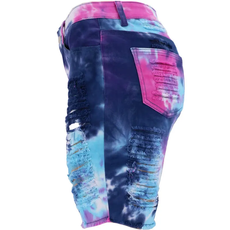 Women's Ripped High Waist Tie-dye Printed Denim Bermuda Shorts