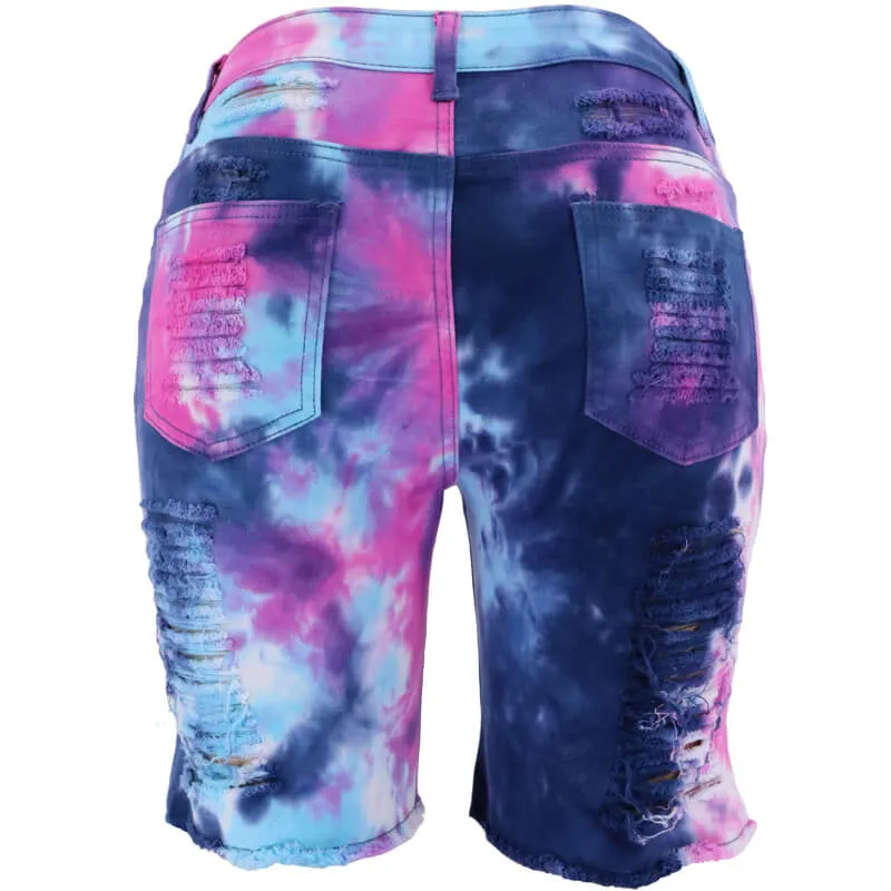Women's Ripped High Waist Tie-dye Printed Denim Bermuda Shorts