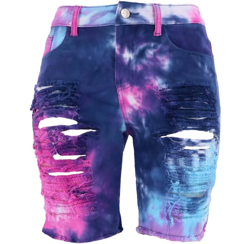 Women's Ripped High Waist Tie-dye Printed Denim Bermuda Shorts