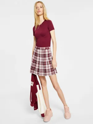 Women's Wine Plaid Pleated Skirt,Multi