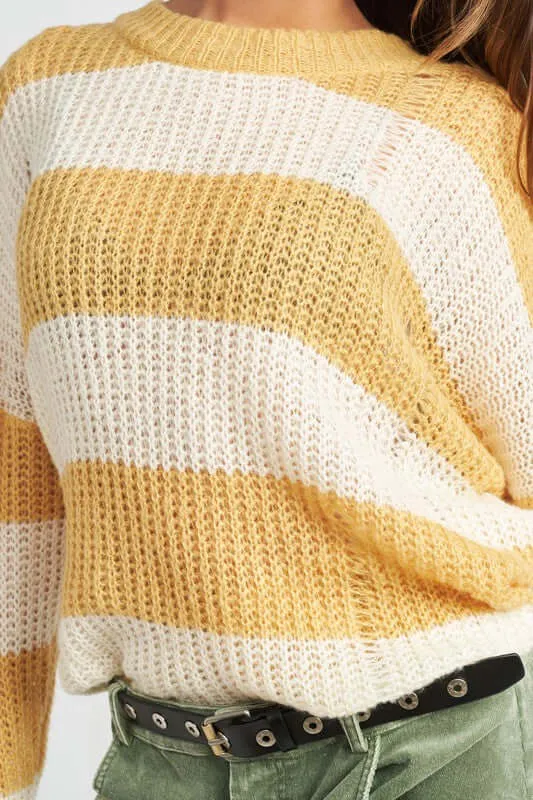 Yellow White Striped Distressed Knit Top
