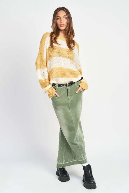 Yellow White Striped Distressed Knit Top
