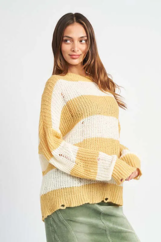 Yellow White Striped Distressed Knit Top