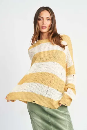 Yellow White Striped Distressed Knit Top