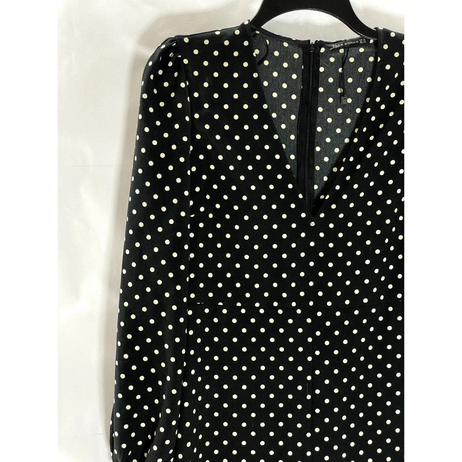 ZARA Women's Black-White Polka Dot V-Neck Long-Sleeve Cropped Jumpsuit SZ XS