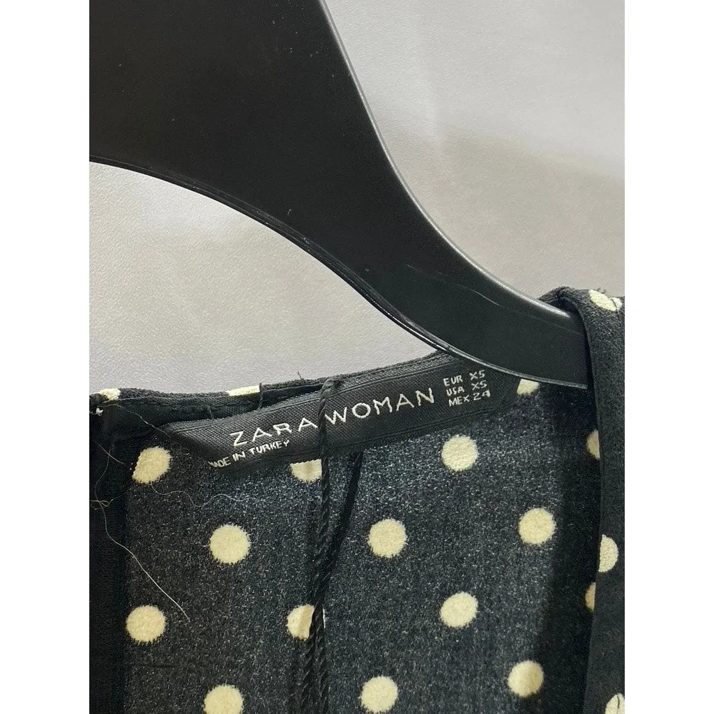 ZARA Women's Black-White Polka Dot V-Neck Long-Sleeve Cropped Jumpsuit SZ XS