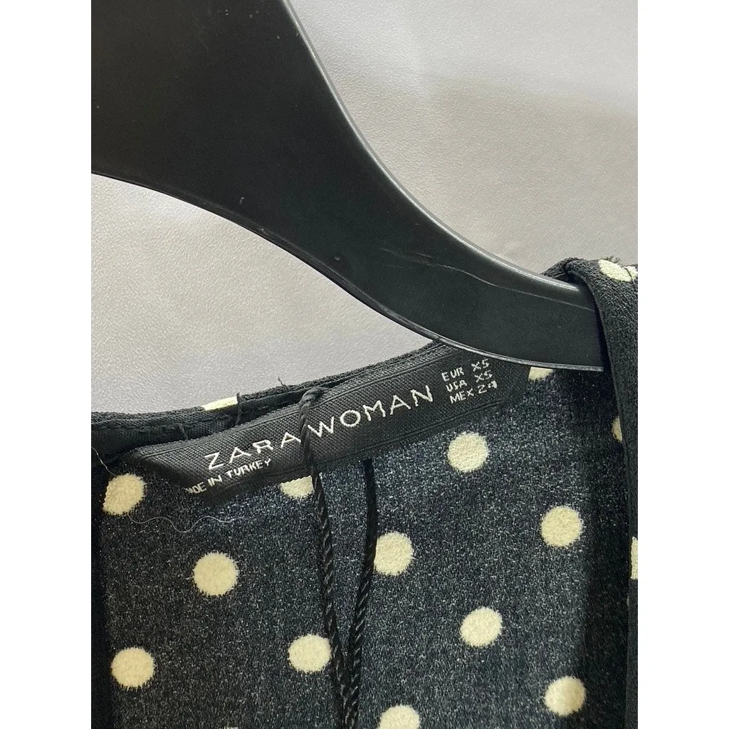 ZARA Women's Black-White Polka Dot V-Neck Long-Sleeve Cropped Jumpsuit SZ XS